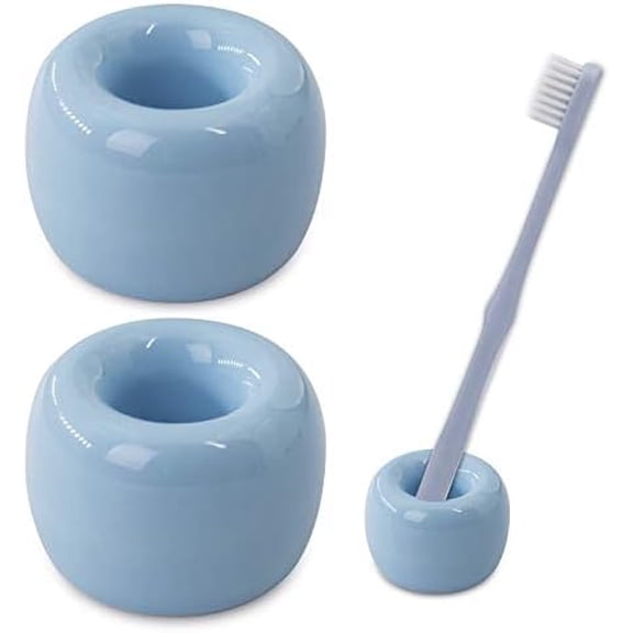 Mini Ceramic Toothbrush Holder for Bathroom - Blue Small Countertop Organizer, Easy Clean Toothbrush Stand, Suit for Electric Toothbrush Head, Pens & Coffee Spoon, Pack of 2