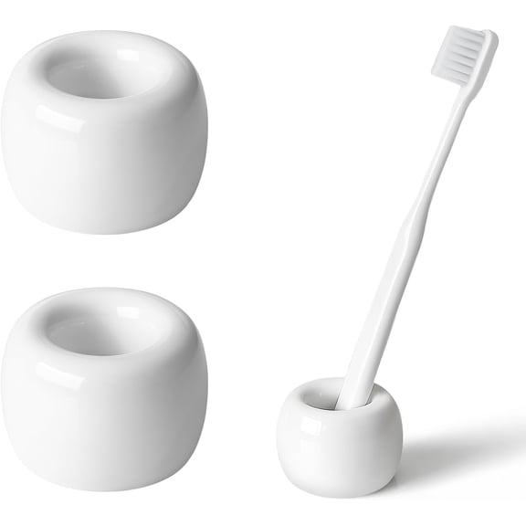 Mini Ceramic Toothbrush Holder for Bathroom - White Small Countertop Organizer, Easy Clean Toothbrush Stand, Suit for Electric Toothbrush Head, Pens & Coffee Spoon, Pack of 2