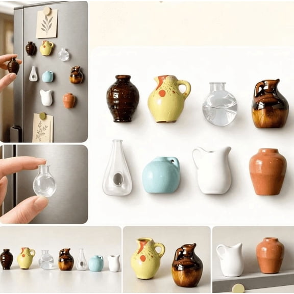 Mini Ceramic Vase Magnets for Fridge, Cute Tiny Plant Vase Fridge Magnets for Kitchen Refrigerator Office Locker Decoration without Fake Flowers (8 Pack)