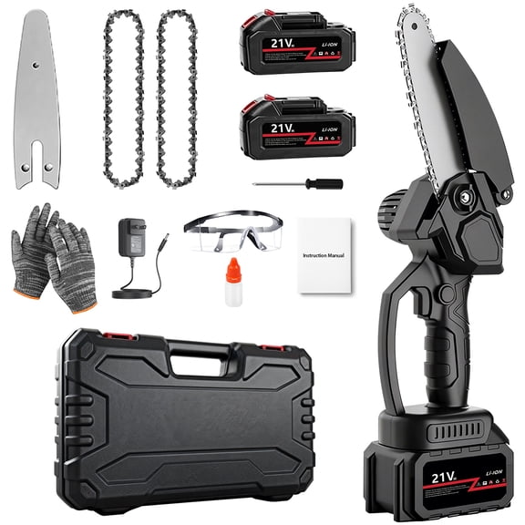 Chumajor Mini Chainsaw Cordless with 2 Batteries 2 Chains, Upgrade 6 Inch Mini Chain Saw Cordless with Security Lock, Handheld Small Chainsaw for Wood Cutting Tree Trimming, Black, Clearance Sales