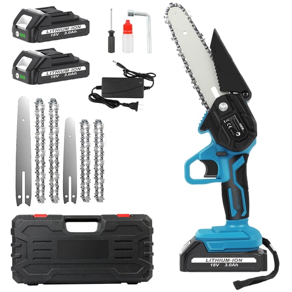 Mini Chainsaw, 4 & 6-inch Cordless Chain Saw with 2 Batteries 4 Chains, Electric Brushless Chainsaw with Security Lock, Handheld Power Chainsaw for Tree Pruning, Gardening, Wood Cutting