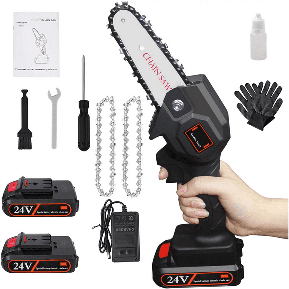 Mini Chainsaw 4-Inch with 2 Batteries 2 Chains,Small Cordless Handheld Chain Saw Wood Cutter, Pruning Shears ChainSaw for Wood Cutting, Tree Trimming, Gardening