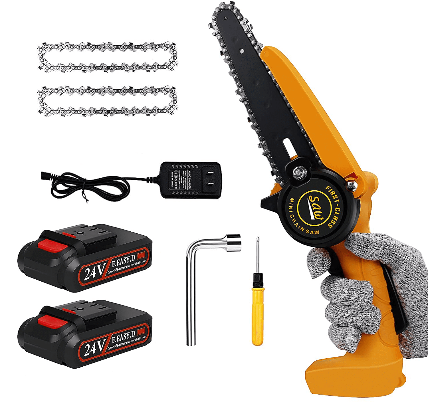 Mini Chainsaw - 6 Inch Electric Chainsaw with 2 Battery,Cordless Chainsaw with Safety Lock , Mini Chainsaw Cordless for Branch Wood Cutting, Garden Pruning, Tree Trimming(2 Battery 2 Chain )