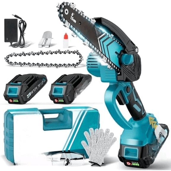 Mini Chainsaw- 6 Inch Electric Mini Chain Saw Cordless Battery Powered One-Hand Tree Trimming Saw with 2 Batteries, Portable Gardening Gadgets for Men, Unique Birthday Gifts for Dad Grandpa (Blue)