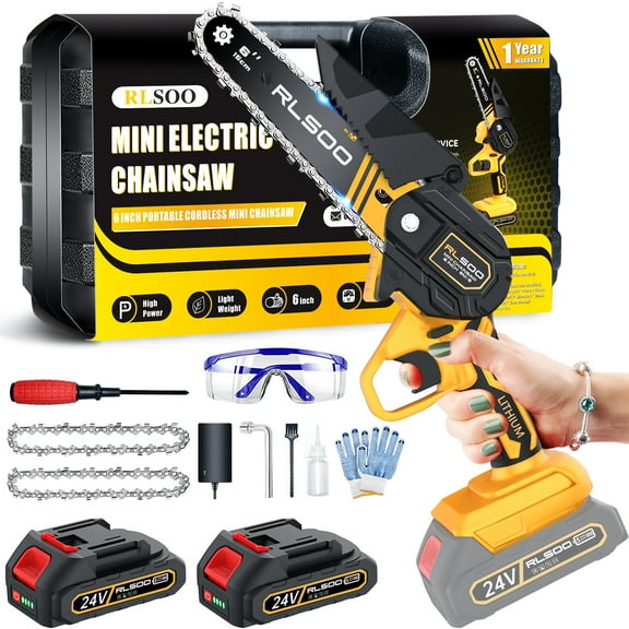 RLSOO 6-Inch Mini Cordless Electric Chainsaw for Tree Trimming & Wood Cutting, Includes 2 Batteries & 3 Chains