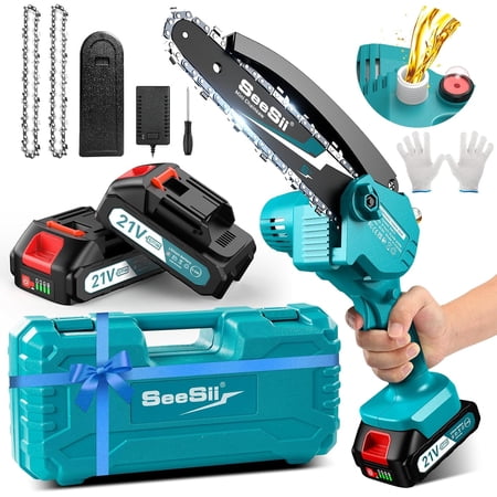 Mini Chainsaw 6 inch,Cordless Chainsaw w/ 2x2000mAh Batteries,Oiler System & Replacement Chain,Handheld Electric Chain Saw w/Safety Lock,Battery Powered Chainsaw for Wood Tree Cutting, CH600+