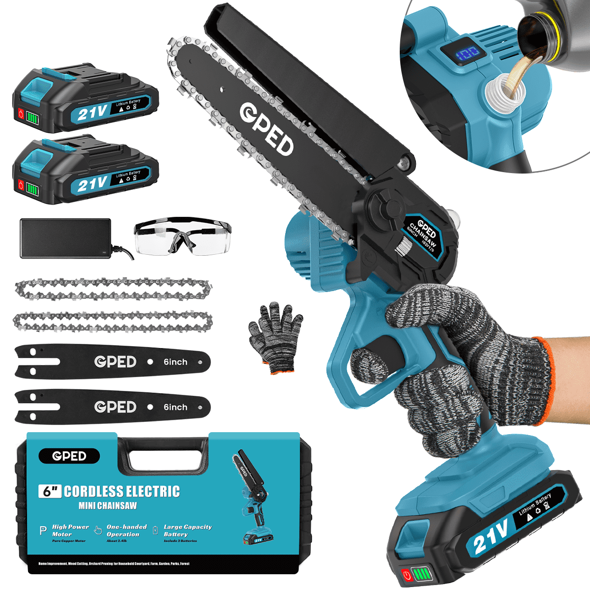 GPED Mini Chainsaw Cordless 6 inch with 2 Battery, Mini Power Chain Saw with Security Lock, Electric Chainsaw, Handheld Small Chainsaw for Tree Trimming Wood Cutting, Blue