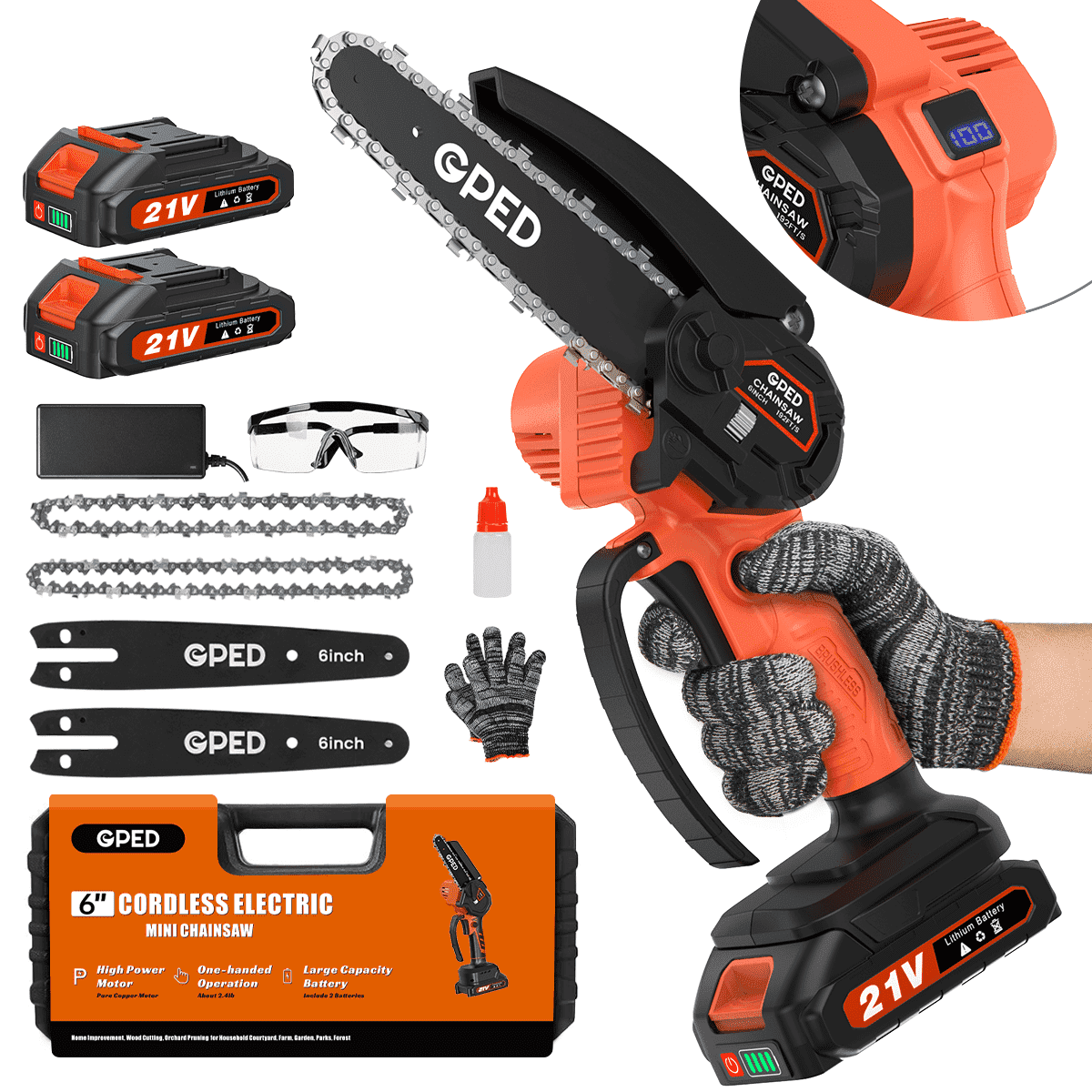 GPED Mini Chainsaw, 6 inch Portable Electric Chainsaw Cordless, Handheld Chain Saw Pruning Shears Chainsaw for Tree Branches, Courtyard, Household and Garden, Orange
