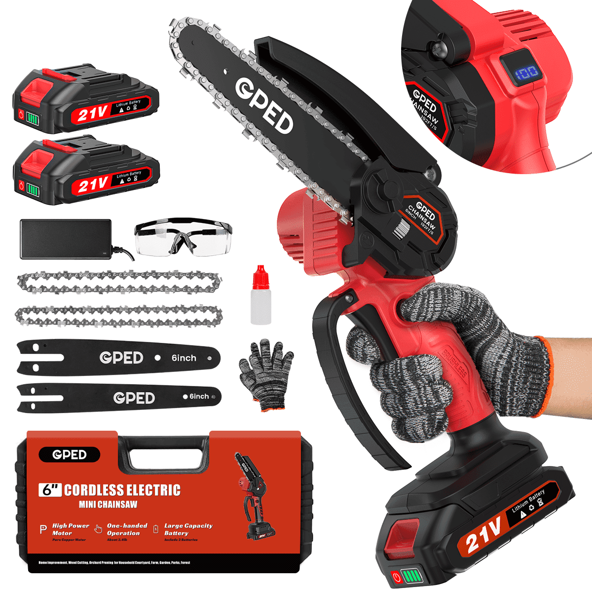 GPED Mini Chainsaw, 6 inch Portable Electric Chainsaw Cordless, Handheld Chain Saw Pruning Shears Chainsaw for Tree Branches, Courtyard, Household and Garden, Red