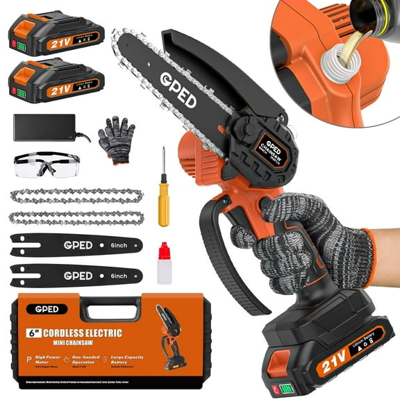 GPED 6 Inch Mini Chainsaw Cordless with 2 Batteries, Automatic Oiler Portable Electric Chain Saw, Hand Saw for Wood/Trees Cutting, Household and Garden, Father's Day Gift for Men Dad Husband, Orange