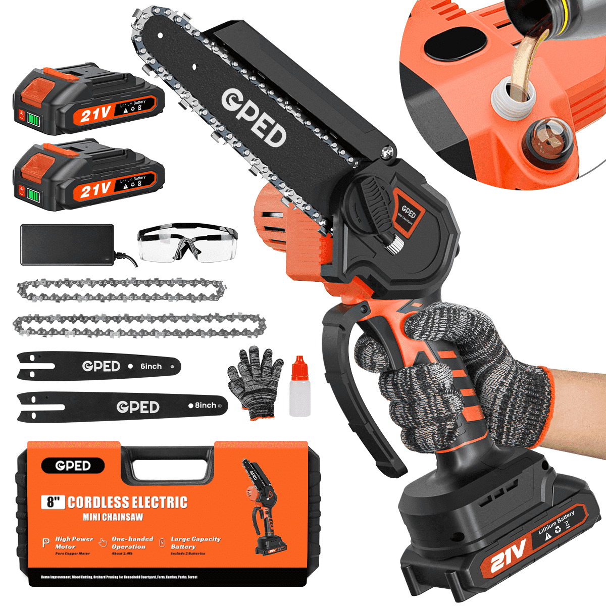 Mini Chainsaw Cordless 6 & 8 Inch with 2 Battery, Oiler System Mini Power Chain Saw, Handheld Chain Saw With Security Lock, Small Electric Chainsaws For Wood/Trees Cutting, Orange