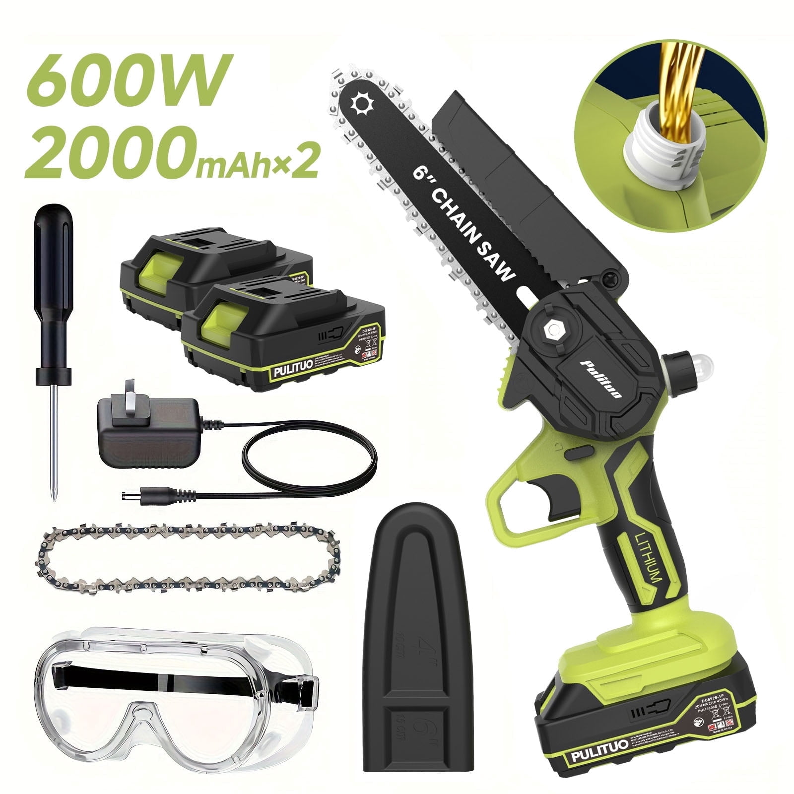 Mini Chainsaw Cordless, 6-Inch Electric Chainsaw with Auto Oiler & Safety Lock, 2 Batteries, Portable Handheld Saw for Tree Trimming and Wood Cutting