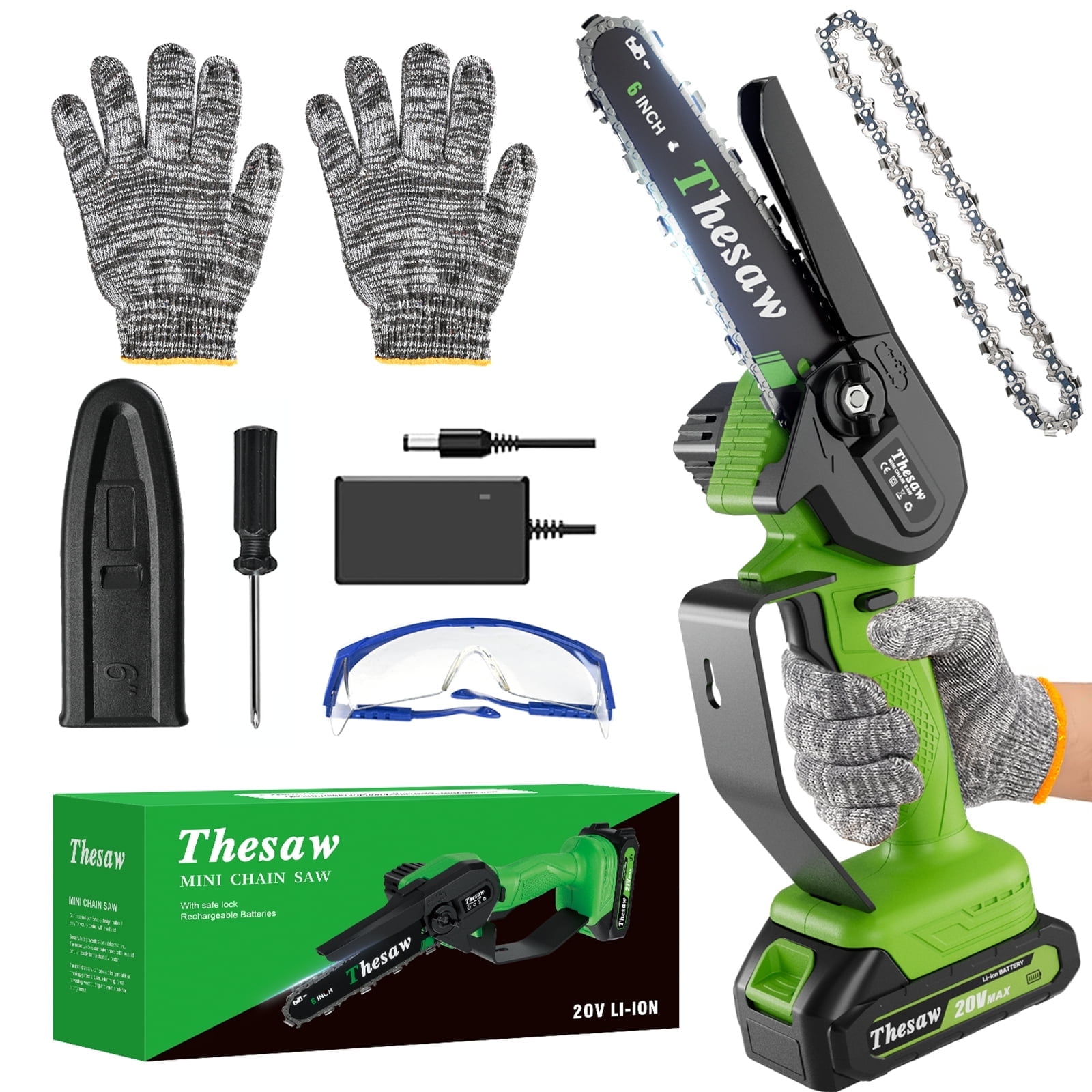 6 Inch Portable Electric Chainsaw, 20 V Battery Powered Chainsaw with Tool-less Chain Tensioning(1 Battery)