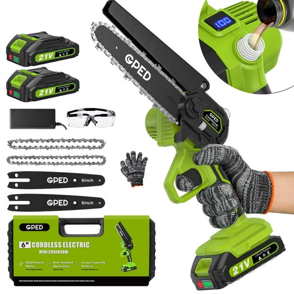 GPED Mini Chainsaw Cordless 6 inch with 2 Battery, Mini Power Chain Saw with Security Lock, Electric Chainsaw, Handheld Small Chainsaw for Tree Trimming Wood Cutting, Green