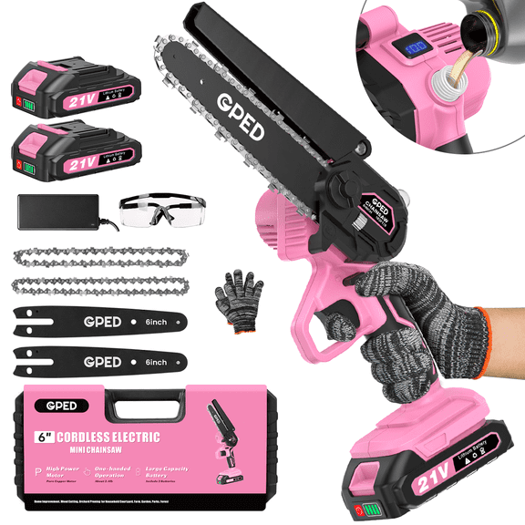 GPED Mini Chainsaw Cordless 6 inch with 2 Battery, Mini Power Chain Saw with Security Lock, Electric Chainsaw, Handheld Small Chainsaw for Tree Trimming Wood Cutting, Pink