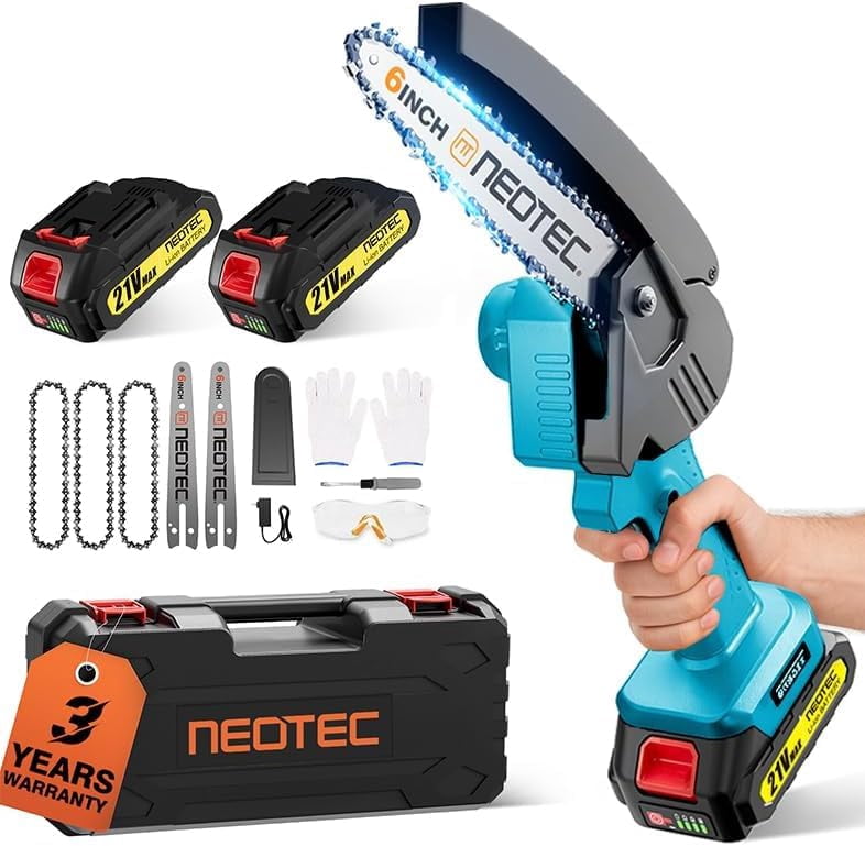 NEOTEC Mini Chainsaw Cordless 6-inch, Handheld Electric Chainsaw 4000mAh Battery Powered with Dual Security Lock, Mini Chain Saw for Tree Trimming Wood Cutting (2 Batteries+3 Chains+2 Bars)