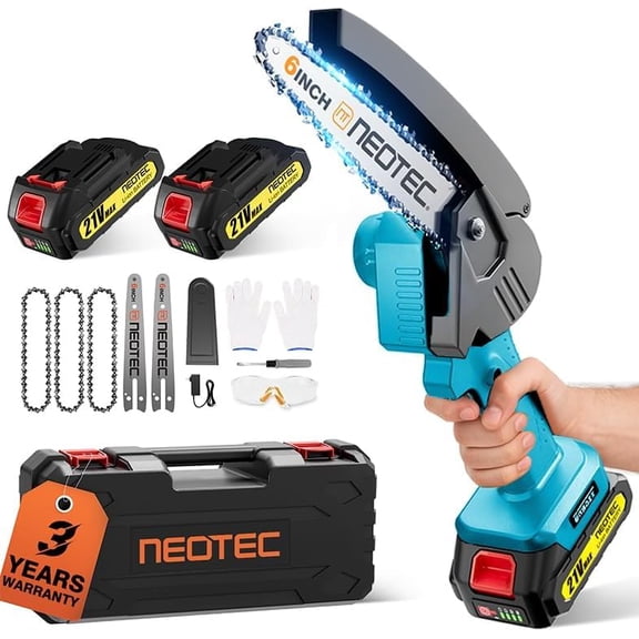 NEOTEC Mini Chainsaw Cordless 6-inch, Handheld Electric Chainsaw 4000mAh Battery Powered with Dual Security Lock, Mini Chain Saw for Tree Trimming Wood Cutting (2 Batteries+3 Chains+2 Bars)