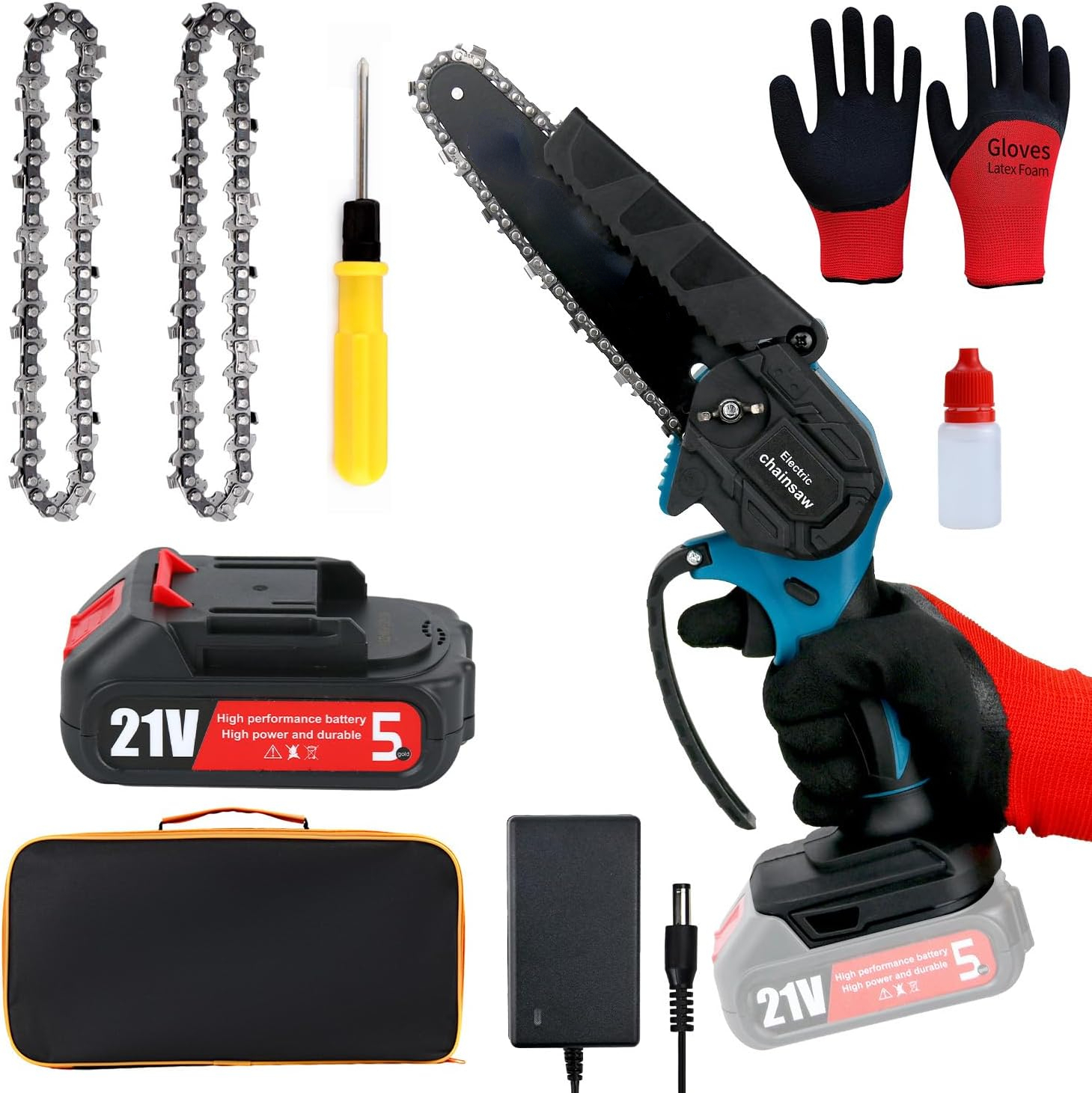 Mini Chainsaw, Cordless Chainsaw with Battery and Charger, 6 Inch