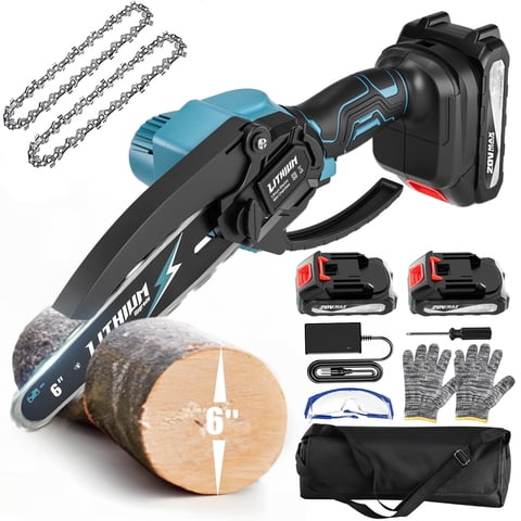 Mini Chainsaw 2 Batteries 2 Chains, Portable Electric Chainsaws 6-inch Cordless Handheld Chain Saw, Pruning Shears Chain Saws for Tree Branches, Courtyard, Household and Garden Blue