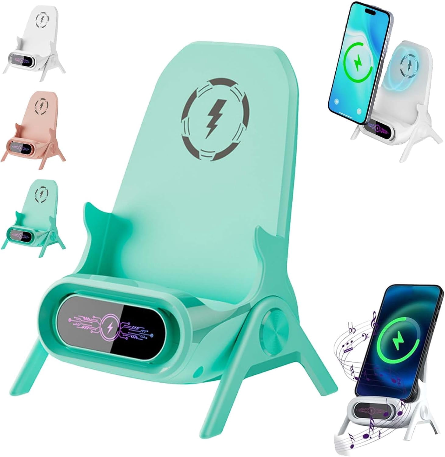 Mini Chair Wireless Fast Charger Multifunctional Phone Holder, 2026 New Wireless Fast Charger Phone Stand with Speaker, Charging Station Amplifier Mobile Phones Holder Stand (Green)