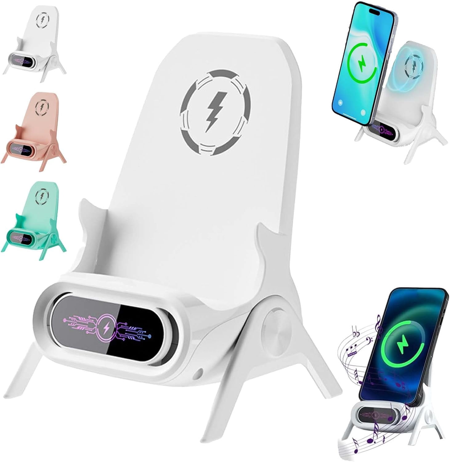 Mini Chair Wireless Fast Charger Multifunctional Phone Holder, 2026 New Wireless Fast Charger Phone Stand with Speaker, Charging Station Amplifier Mobile Phones Holder Stand (White)