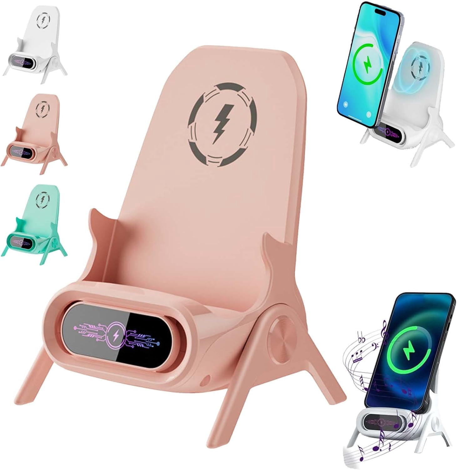 Mini Chair Wireless Fast Charger Multifunctional Phone Holder, 2026 New Wireless Fast Charger Phone Stand with Speaker, Charging Station Amplifier Mobile Phones Holder Stand (Pink)