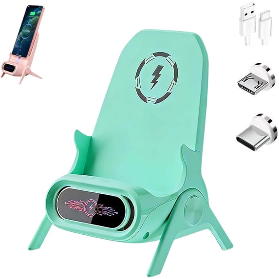 Mini Chair Wireless Fast Charger Multifunctional Phone Holder, Portable Multifunctional Phone Holder Stand, 2026 New 3-in-1 Wireless Charger with Speaker & Stand (Green)