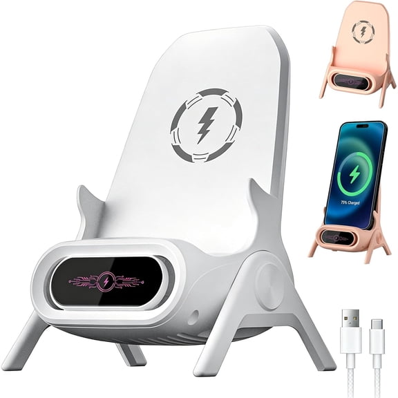 Mini Chair Wireless Fast Charger Phone Stand with Speaker, 3 in 1 Multifunctional Desktop Charging Stand for Cell Phones, Portable Fast Charging Station, 2026 New Mini Chair Design (White)