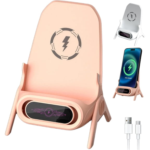 Mini Chair Wireless Fast Charger Phone Stand with Speaker, 3 in 1 Multifunctional Desktop Charging Stand for Cell Phones, Portable Fast Charging Station, 2026 New Mini Chair Design (Pink)