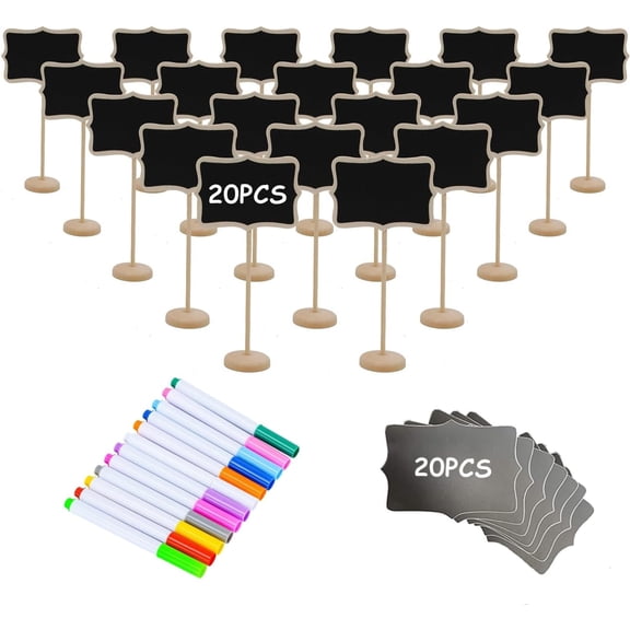 20PCS Wood Mini Chalkboard Sign and Replacement Stickers, Food Labels for Party Buffet,Blackboard for Message Board Signs,Weddings Place Cards, Birthday Party