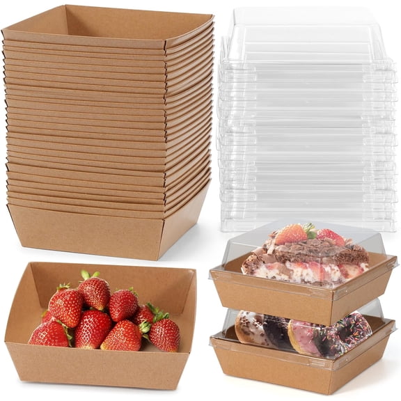 Mini Charcuterie Boxes with Clear Lids, 4.5x4.5 Inches 20 Pack Brown Dessert Boxes Square Disposable Bakery Boxes to Go Food Containers for Daughter, Wedding Party, Strawberries & Cookies