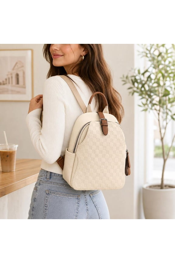 Mini Checkerboard Faux Leather Backpack In Cream With Brown Accents