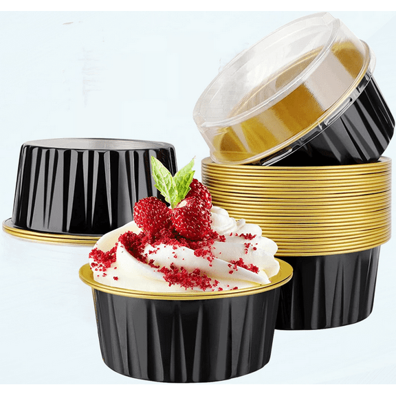 Mini Cheesecake Containers, 30pcs 5oz Disposable Aluminum Foil Cupcake Liners Ramekins Baking Cups, Dessert Cups with Lids Mini Aluminum Cheesecake Pan Creme Brulee Ramekins- Black&Gold
