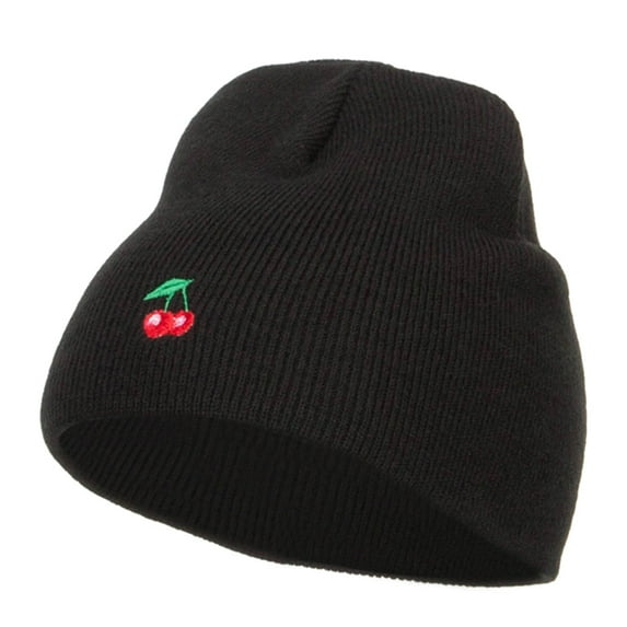 Mini Cherry Embroidered Short Beanie - Black OSFM