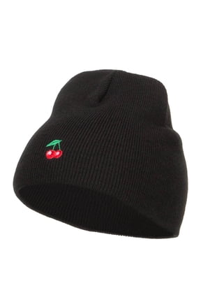 Mini Cherry Embroidered Short Beanie - Black OSFM