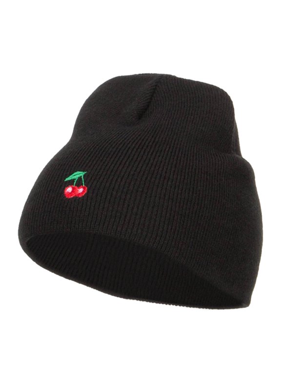 Mini Cherry Embroidered Short Beanie - Black OSFM