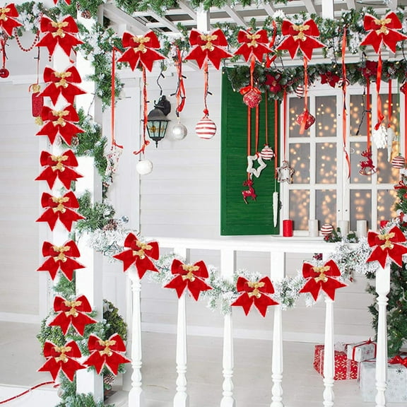 Mini Christmas Bow Decorations Red Burlap Wreaths Bows with Bells Small Christmas Tree Topper Bows for Wedding Party Farmhouse Decoration Ornaments