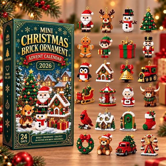 Mini Christmas Brick Ornament Advent Calendar 2026, 24-Day Countdown Calendar with Mini Brick Ornaments, Ideal Christmas Hanging Decoration (1 Set)