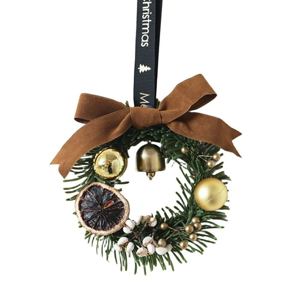 Mini Christmas Cabinet Wreath for Kitchen with Velvet Ribbon Bows and Bell, Small Hanging Artificial Wreath for Window Home Chair Front Door Wall Indoor Outdoor Fireplace Porch Decoration, 1 Pcs