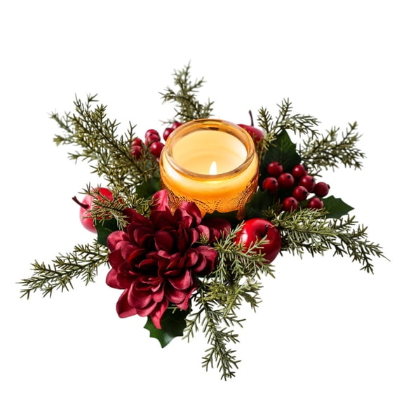 Mini Christmas Candle Rings with Red Berries Apple, Artificial Pine Needle Wreath Holder for Table Centerpieces, Winter Wedding Farmhouse Home Door Decor