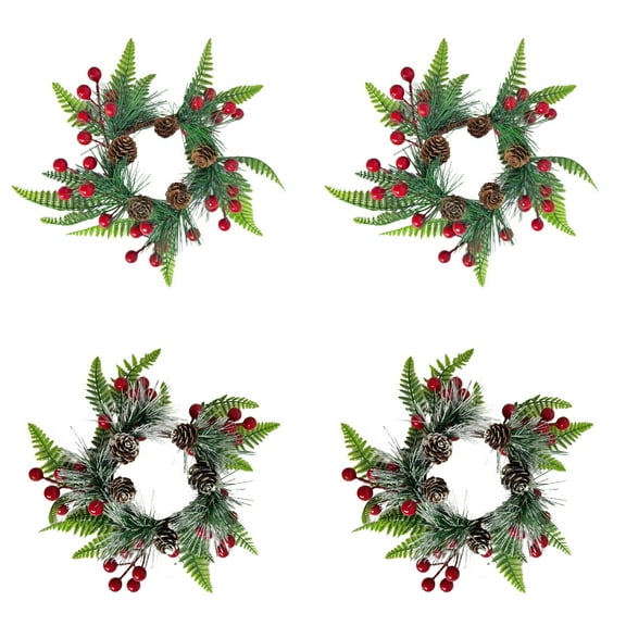 Mini Christmas Candle Rings Wreaths 11.02 Inch Pine Garland with Red Berries Pinecones Artificial Wreaths for Table Centerpieces Cabinet Pillar Window Wall Holiday Decor