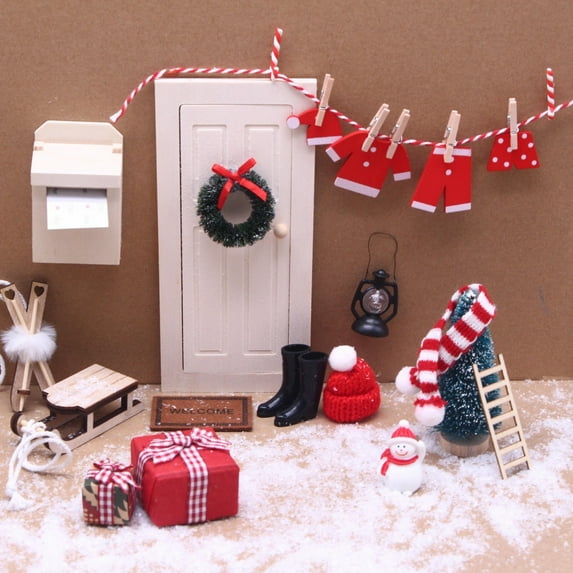 Mini Christmas Dollhouse Door Set with 4 Openable Doors | Wooden Miniature Scene Props for Holiday Decorations | Christmas Tree & Wreath Decor | 23-Piece Holiday Village Display Model