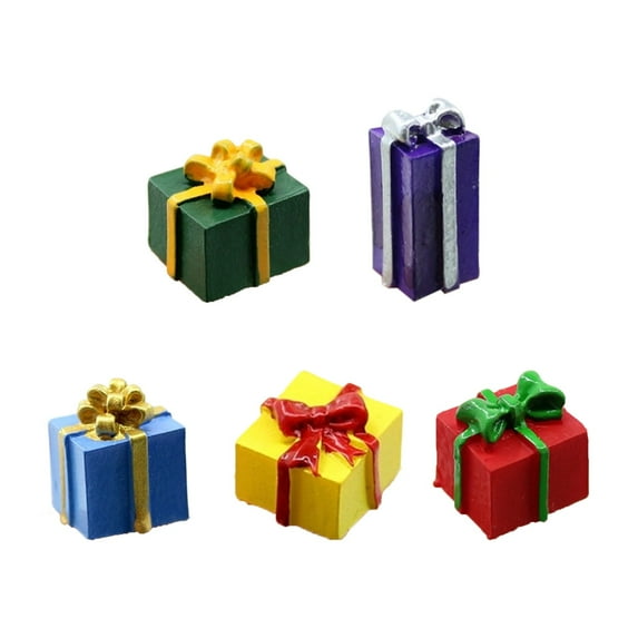 Mini Christmas Gift Boxes – Set of 5 Resin Holiday Decor Boxes with Bows, Red & Green Ornaments for DIY Crafts, Home Display, Garden Accessories