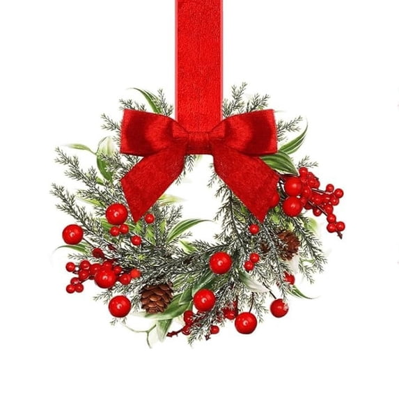 Mini Christmas Green Pine Wreath, Artificial Candle Ring Wreath with Red Bow, Pinecones and Red Berries, Small Hanging Decor for Kitchen Cabinet, Front Door, Window, Table Centerpiece