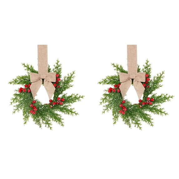Mini Christmas Kitchen Cabinet Wreath, Pine Berries Snowy | Small Xmas Artificial Garland Decoration, Faux Norfolk Pine with Red Ribbon, Festival Home Table Centerpiece Front Door Decor