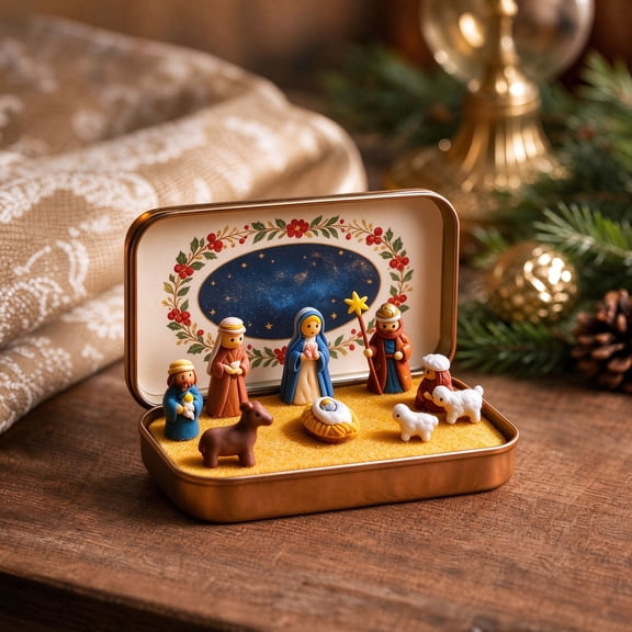 Mini Christmas Nativity Scene Set in Tin Box Holy Family Figurines Decor, Jesus Holiday Accent Keepsake Stocking Stuffer
