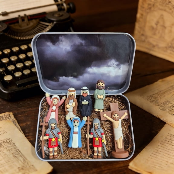 Mini Christmas Nativity Scene Set in Tin Box Holy Family Figurines Decor, Jesus Holiday Accent Keepsake Stocking Stuffer