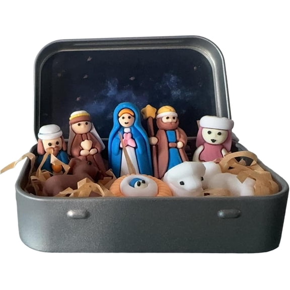 Mini Christmas Nativity Scene Tin Box Small Nativity Set Desk Figure Jesus Manger Religious Gift for Holiday Travel