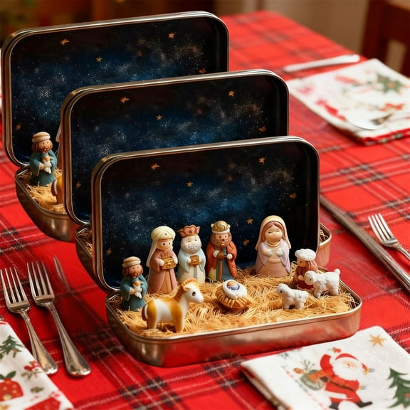 Mini Christmas Nativity Set In A Tin Box - Christian Family Nativity Miniature Figurines, Small Nativity Figures, Mini Christmas Ornaments(3Pack)