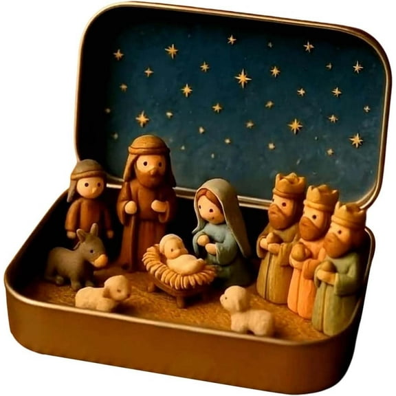 Mini Jesus Birth Family Sculpture Scene Ornament Portable Tin Box Christmas Decoration Suitable for Desktop Fireplace Shelves Festival Center Decoration Display Gift